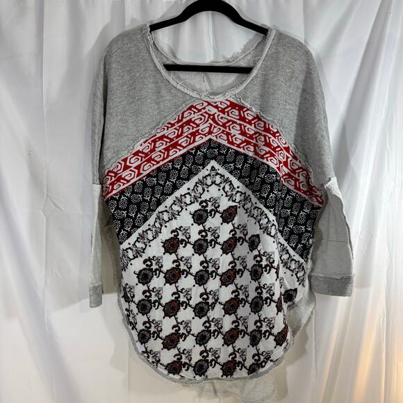 Free People Del Rey Bandana Mixed Media Oversized Scoop Neck Top XS Boho Casual - Picture 2 of 6